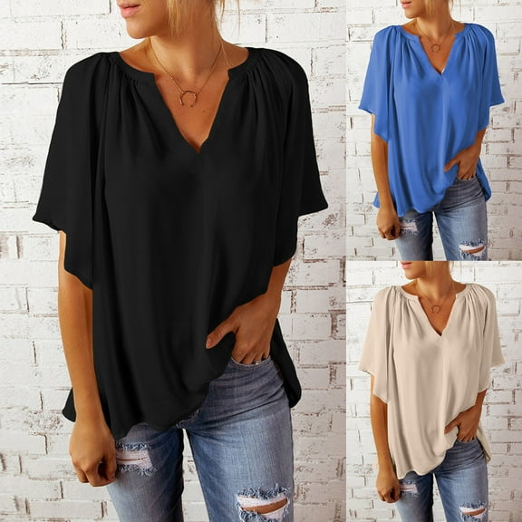 Jacenvly 2024 new plus size womens clothes Loose Fashion Women's Summer Short Sleeve Solid Casual T-shirt Blouse breathable Ruffle Trim Flouncev neck t shirts t-shirts womens summer Beige