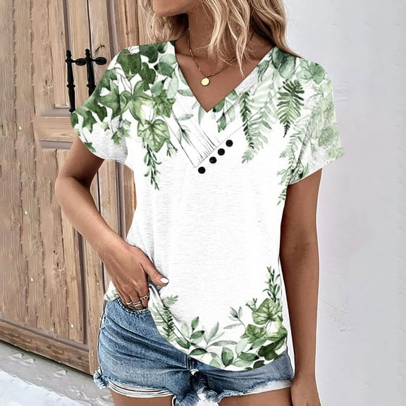 Jacenvly 2024 new plus size womens clothes Loose Women's Printed Button-up Short Sleeve Top Shirt T-shirt Top Shirt breathable Floral v neck t shirts t-shirts womens summer Multicolor