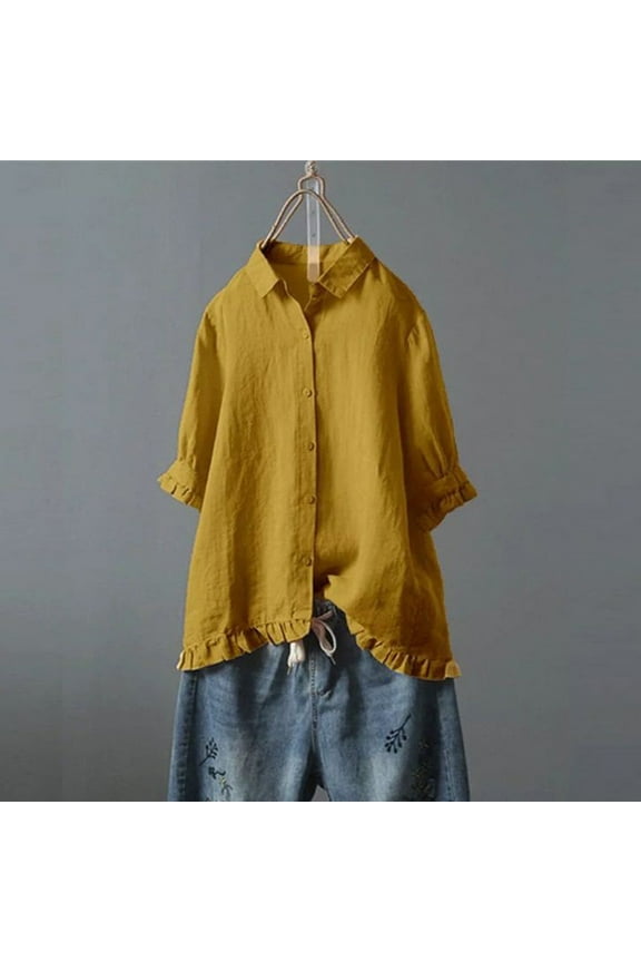 2024 new plus size womens clothes Loose Women's V-Neck Short Sleeve Button Cotton And Linen Tunic Shirts Summer Shirts Blouse breathable Solid Lapels t-shirts womens summer Yellow