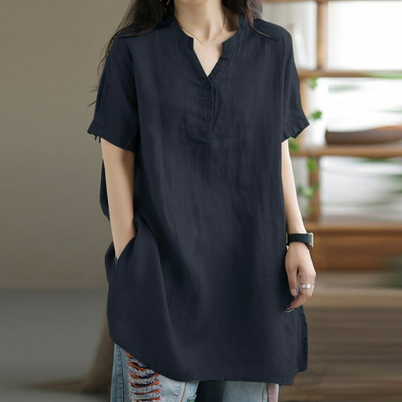 Jacenvly 2024 new summer blouses for women Casual Women CasualSolid Color Shirts Short Sleeve Loose Tee Blouse comfortable Ruffle Trim Flouncev neck t shirts ladies plus size tops Navy