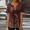 thumbnail image 1 of Jacenvly 2024 new summer blouses for women Casual Women Print Round Neck Loose Short Sleeve T-shirt comfortable Floral Ruffle Trim Flouncev neck t shirts ladies plus size tops Wine, 1 of 5