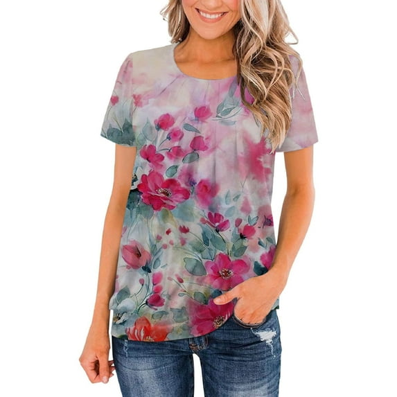 Jacenvly 2024 new summer blouses for women Fashion Ruched Tees For Women Printing Loose Short Sleeve Summer Classic T-Shirt comfortable Floral v neck t shirts ladies plus size tops Hot Pink