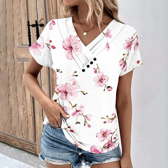 Jacenvly 2024 new summer blouses for women Fashion Women's Printed Button-up Short Sleeve Top Shirt T-shirt Top Shirt comfortable Floral v neck t shirts ladies plus size tops Multicolor