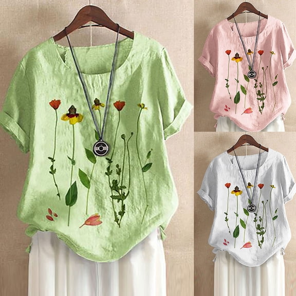 Jacenvly 2024 new summer blouses for women Leisure Womens Plus Size Short Sleeve Print Buttons Cotton Linen Vintage Tops comfortable Floral Crewneck ladies plus size tops Green