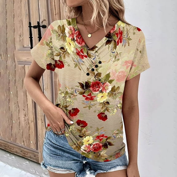 Jacenvly 2024 new summer blouses for women Loose Women's Printed Button-up Short Sleeve Top Shirt T-shirt Top Shirt comfortable Floral v neck t shirts ladies plus size tops Multicolor