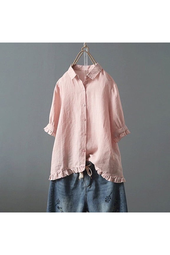 2024 new summer blouses for women Loose Women's V-Neck Short Sleeve Button Cotton And Linen Tunic Shirts Summer Shirts Blouse comfortable Solid Lapels ladies plus size tops Pink