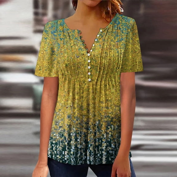 Jacenvly 2024 new summer tops for women Fashion Women Casual Print Loose Short Sleeve Top Blouse Pullover Skin-friendly Floral Ruffle Trim Flouncev neck womens plus size t-shirts Yellow