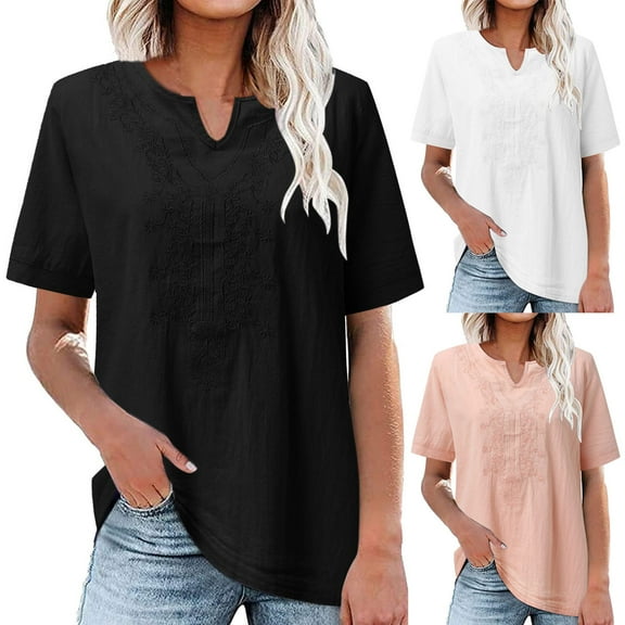 Jacenvly 2024 new summer tops for women Loose Fashion Women's Summer Short Sleeve Cotton Linen Solid Casual T-shirt Blouse Skin-friendly v neck t shirts womens plus size t-shirts Black