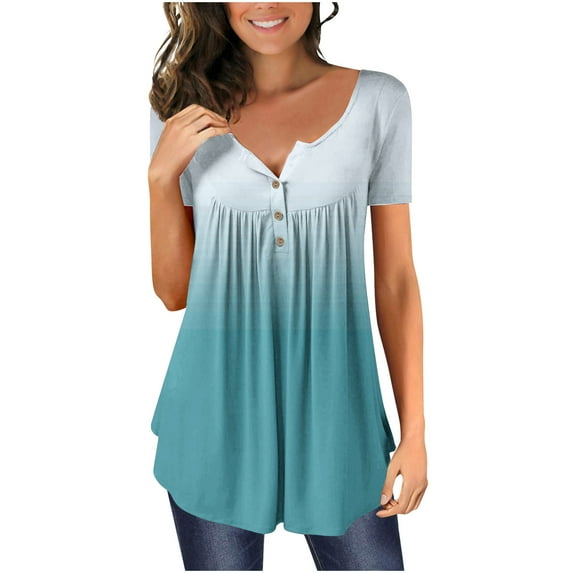 Jacenvly 2024 new summer tops for women clearance Casual Women Gradient Printed Tunic Buttons Short Sleeve T-shirt Skin-friendly Gradient Color Trim Flouncev neck womens plus size t-shirts Light Blue