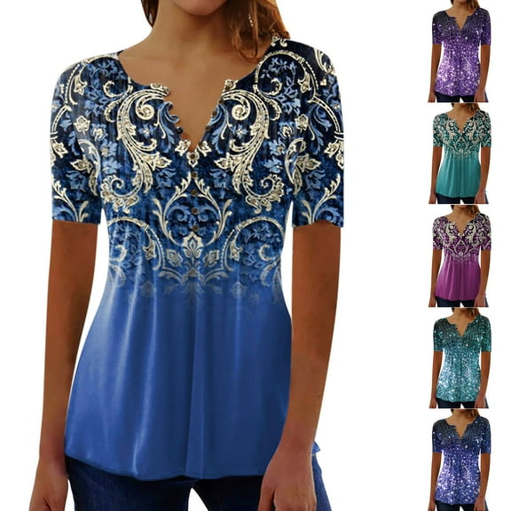 Jacenvly 2024 new summer tops for women Casual Women Print Loose Short Sleeve Top Blouse Pullover Skin-friendly Floral Ruffle Trim Flouncev neck t shirts womens plus size t-shirts Dark Blue