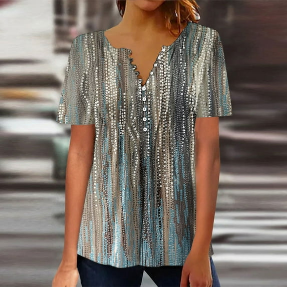 Jacenvly 2024 short sleeve summer shirts for women Casual Women Print Round Neck Loose T-shirt Top Blouse Pullover Quick drying Floral Ruffle Trim Flouncev neck t shirts plus size tops Gray