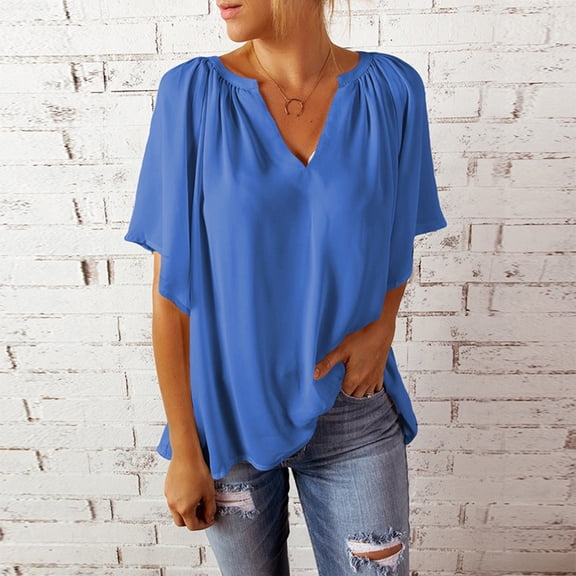 Jacenvly 2024 short sleeve summer shirts for women Fashion Women's Summer Short Sleeve Solid Casual T-shirt Blouse Quick drying Ruffle Trim Flouncev neck t shirts plus size tops Blue