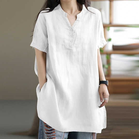 Jacenvly 2024 short sleeve summer shirts for women Loose Women CasualSolid Color Shirts Short Sleeve Tee Tops Blouse Quick drying Ruffle Trim Flouncev neck t shirts plus size tops White