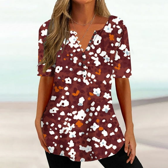 Jacenvly 2024 short sleeve summer shirts for women Fashion Women's Print Casual Loose Top Top/Shirt Quick drying Floral Ruffle Trim Flouncev neck t shirts plus size tops Red