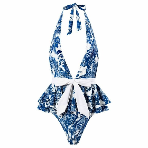 Jacenvly Bikinis for Juniors 2 Piece Skin-Friendly Vintage Print One-Piece Swimsuit Bikini Lace Up Swimsuit Long Skirt Chiffon Two-Piece Set Tropical Cozy Beach Bikini Wrap Blue