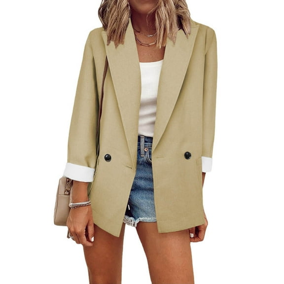 Jacenvly Business Attire Women Lapels Long Sleeve Cropped 2024 Blazers for Women Button Pocket Solid Cardigan Coat Soft Comfort Casual Fashion Slimming Blouse