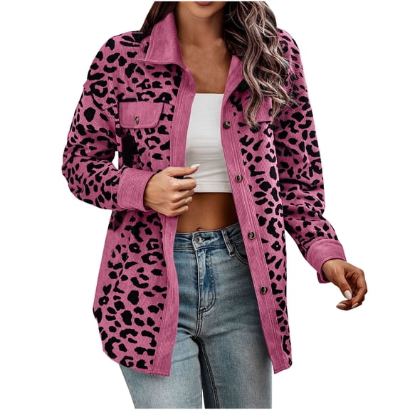 Jacenvly Button up Shirts for Women Leopard Print Shacket Jacket Soft Warm Long Sleeve Outerwear Lapels Pocket Fall Coats Loose Casual Thigh Length Blouse