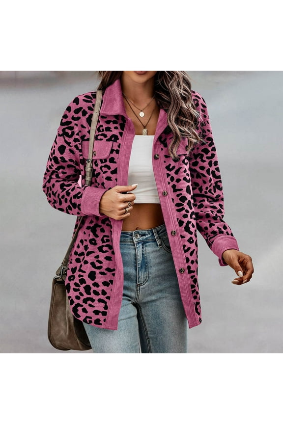 Button up Shirts for Women Flannels Leopard Print Shacket Jacket Comfort Warmth Long Sleeve Overcoat Lapels Pocket Fall and Winter Coats Leisure Trendy Mid-Length Tops