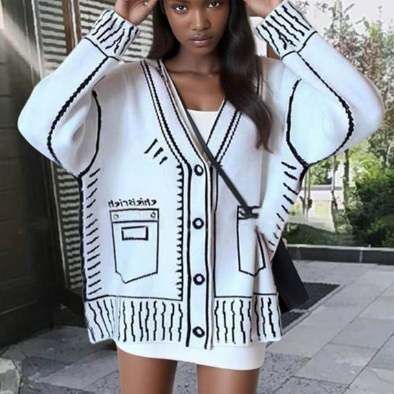 Jacenvly Cardigan For Women Long Sleeve Contrast Collar Knit Sweaters For Women Soft Warm Long Coat Tops Loose Casual Pocket Button Jacket Blouse