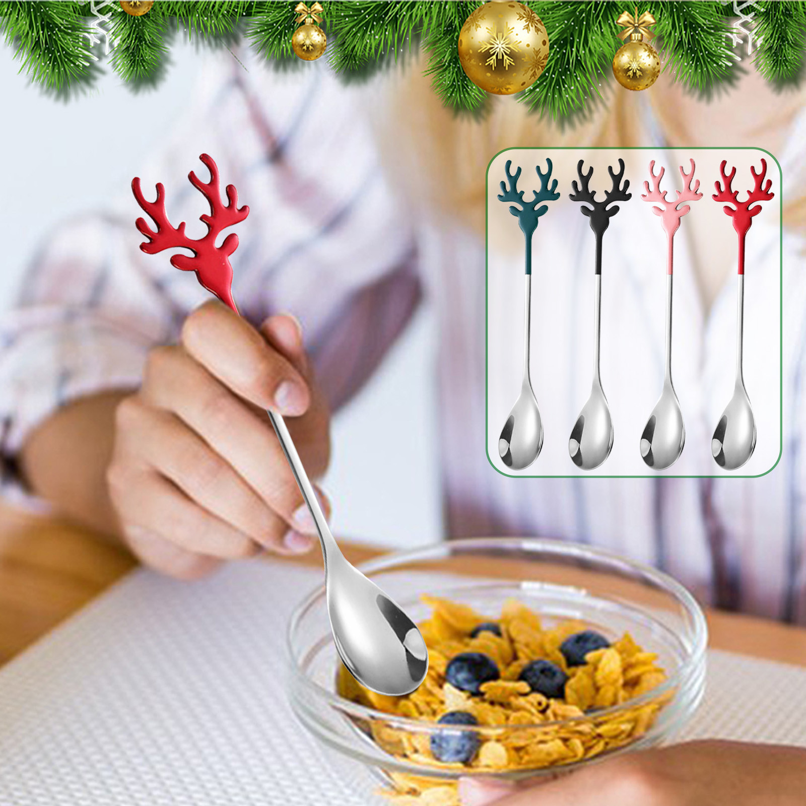 Jacenvly Christmas Decorations Indoor Christmas Spoons Christmas Gift Reindeer Spoon 304 Stainless Steel Coffee Spoon Mixing Spoon Dessert Ice Cream Spoon Fall Decor