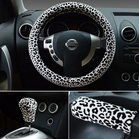 Jacenvly Christmas Decorations Indoor Plush Leopard Steering Wheel Cover Three Piece Car Handle Cover Gear Cover Bathroom Decor