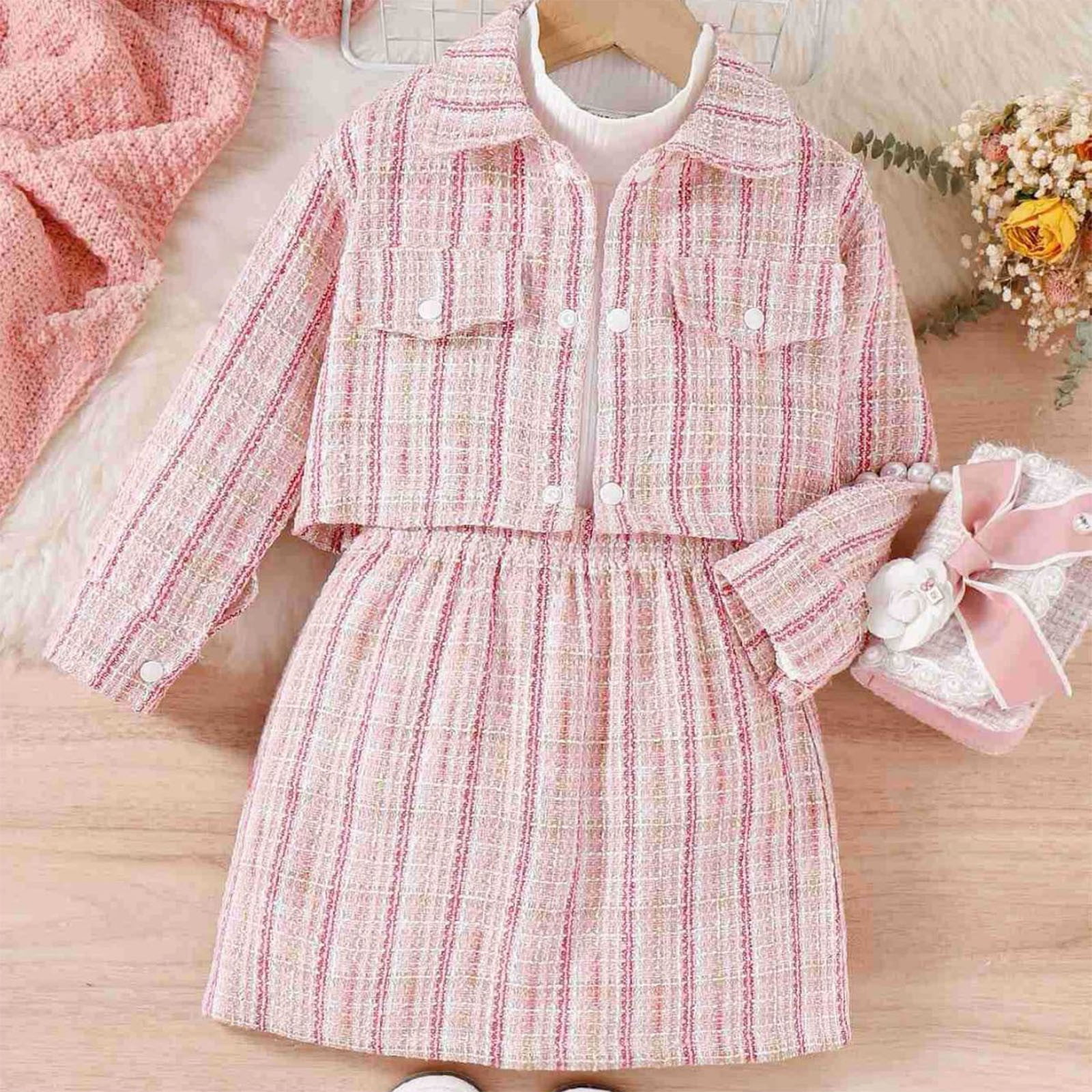 Jacenvly Christmas Dress for Girls Clearance Skin-Friendly Long Sleeve Shift Dress Leisure Fashion Turtleneck Top Long Sleeve Warm Short Skirt Lapel Jacket Set Suitable From 4 to 7 Years Old Pink