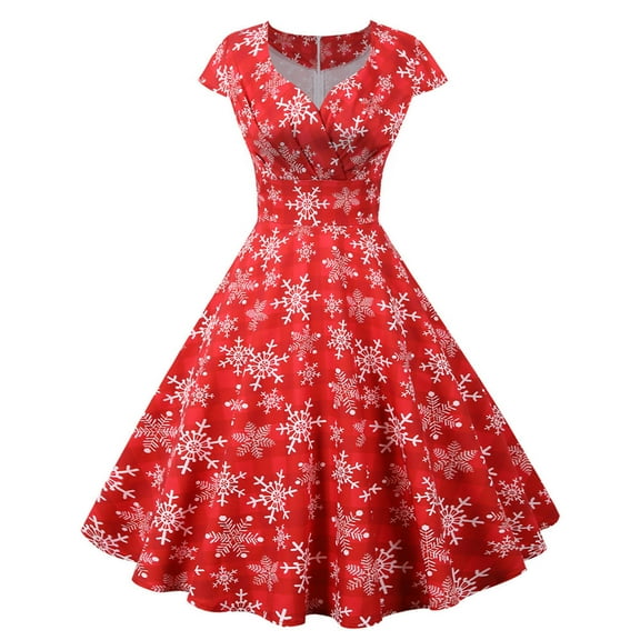 Jacenvly Christmas Dresses for Woman Sleeveless Christmas Snowflake Womens Dresses V-Neck Mid-Length Skirts Draw Back Waist Women 1950S Housewife Evening Prom Dress Red