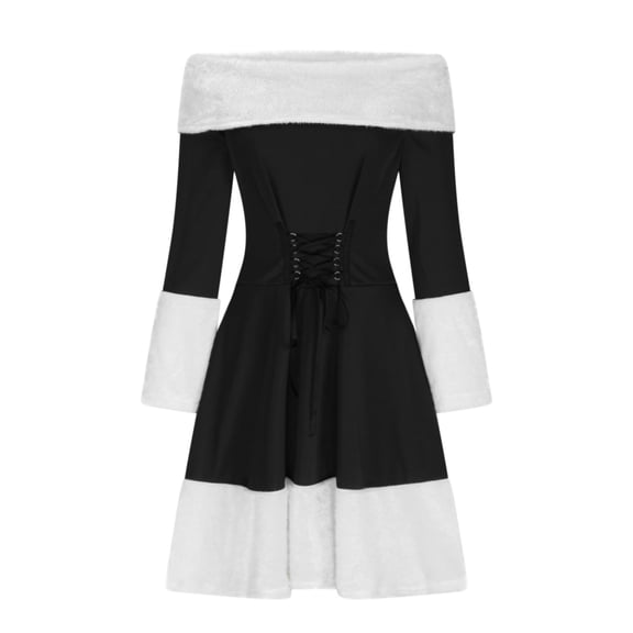 Jacenvly Christmas Dresses for Women Mid Sleeve Solid Women'S Formal Dresses Boat Neck Mid-Length Skirts Fashion New Style Women'S Ladies Slim Off-The-Shoulder Mid-Calf Dress Black