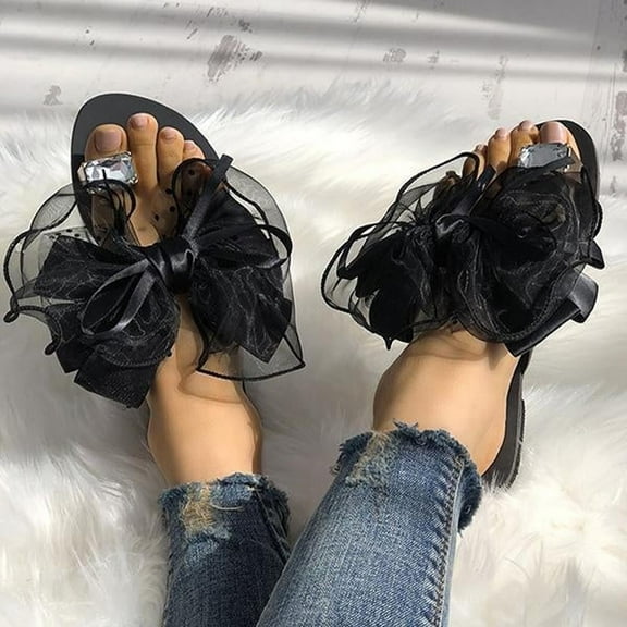 Jacenvly Christmas Summer Slippers for Women Summer New Ladies Sandals Silk Bow Rhinestone Flat Large Size Ladies Sandals Chrimas