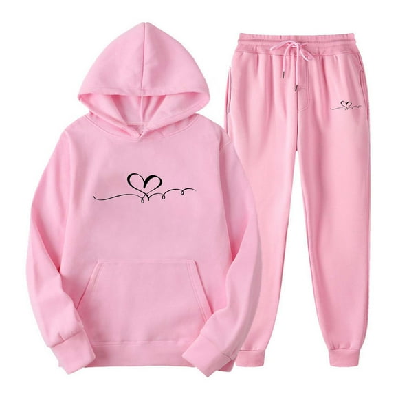 Jacenvly Christmas Sweatshirt Christmas Print Comfort Warmth Long Sleeve Tracksuits Suit Hooded Pocket Pullover Elastic Waisted Long Pants Leisure Trendy 2-Piece Sets Pink