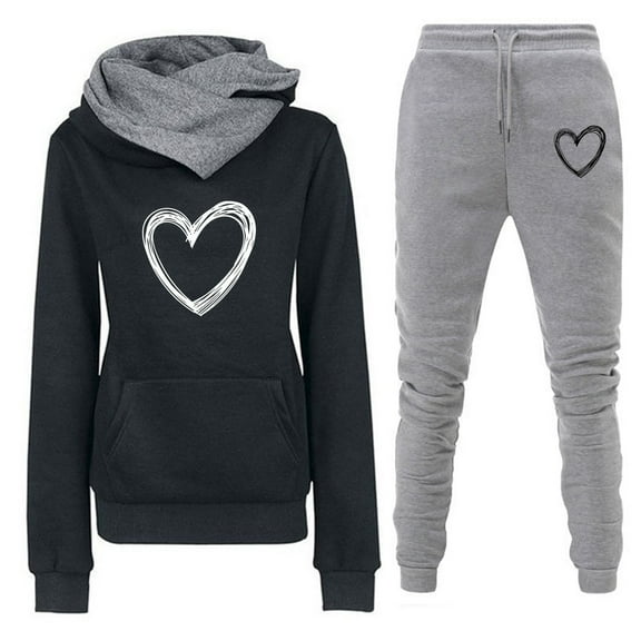 Jacenvly Christmas Sweatshirt Heart Print Soft Comfortable Long Sleeve Tracksuits Suit Hooded Pocket Pullover Elastic Waisted Sweatpants Loose Casual 2-Piece Sets Pink