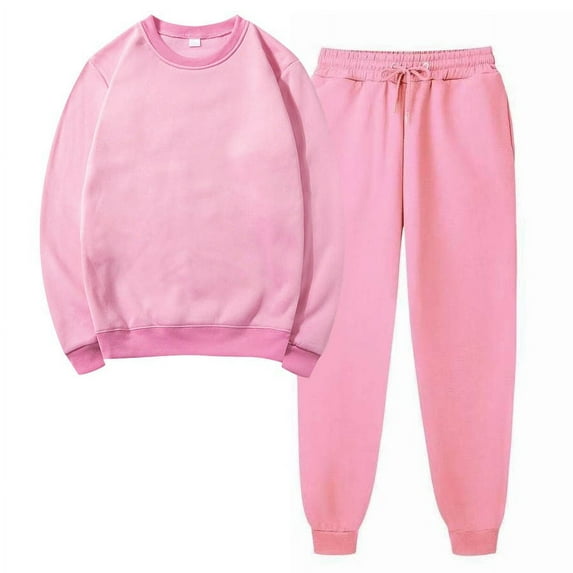 Jacenvly Christmas Sweatshirt Solid Soft Comfortable Long Sleeve Tracksuits Suit Crewneck Pullover Elastic Waisted Sweatpants Loose Casual 2-Piece Sets Pink