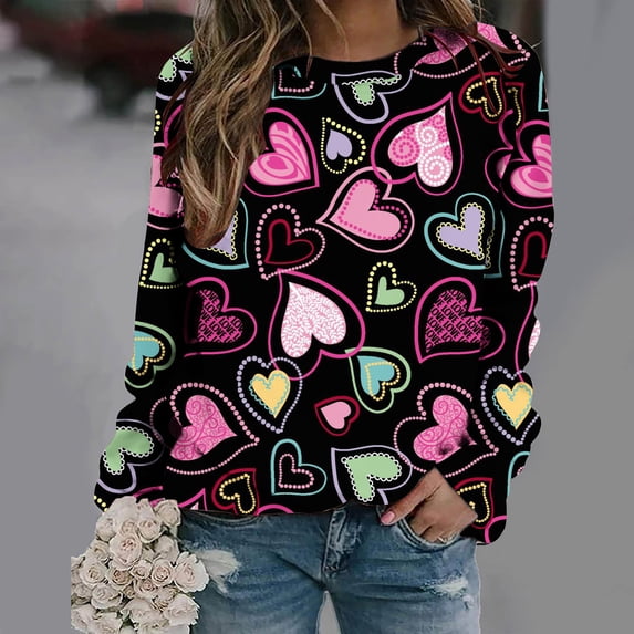 Jacenvly Christmas T-Shirts for Women Round Neck Blouse Cozy Long Sleeve Shirt Skin-Friendly Contrast Color Valentine'S Day Printed Blouse Casual Tunic Tops Multicolor