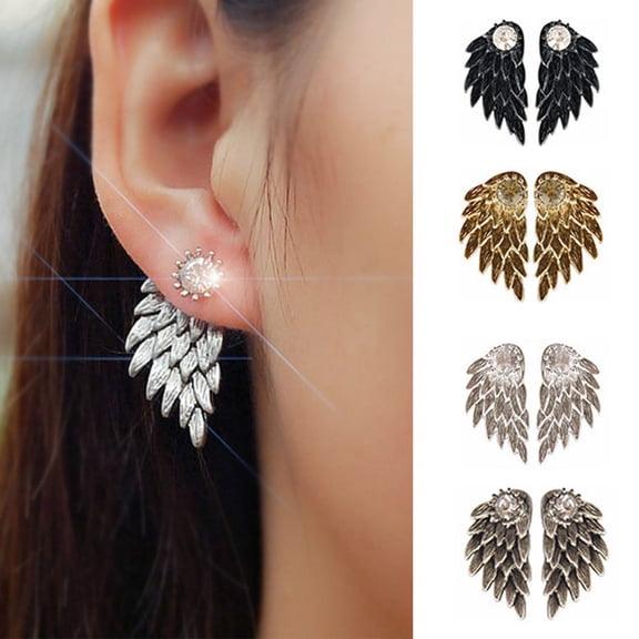 Jacenvly New 2024 New European and Retro Three-Dimensional Angel Earrings Feather Diamond Alloy Piercing Earrings Personality Earrings ( 1Pairs ) Romantic Gifts For Her