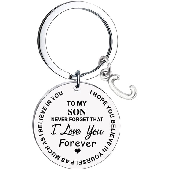 Jacenvly 2024 New to My Son Message Keychain Stainless Steel Initial Last Name 26 Letter Family Inspirational Keychain Gift Easter Decorations