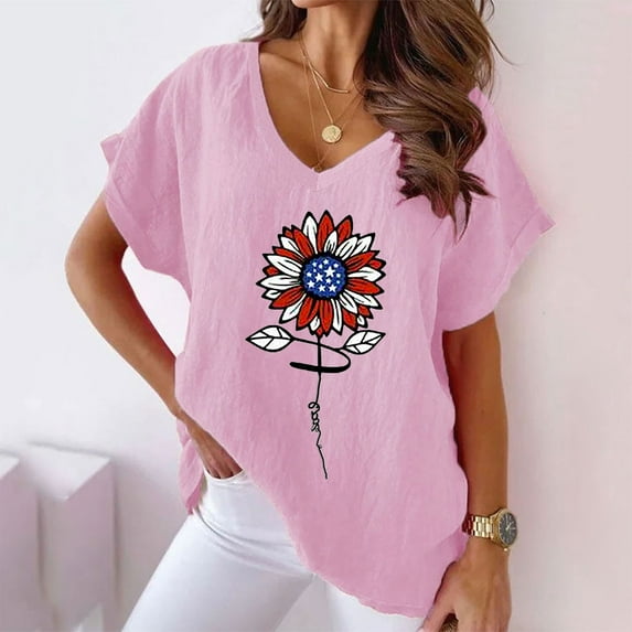 Jacenvly Basic Button-up Shirts Misses V-Neck Print T-Shirts Fashion Comfortable Female Blouses Tops
