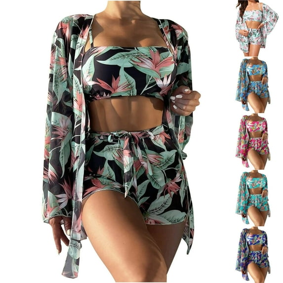 Jacenvly Cover up 3 Piece Bikini Sets for Women Cozy Long Sleeve Swimsuit Floral with Cover up Surfing Swimwear Lightweight Three-Piece Suit Women Solid Push-Up Beachwear Set Sky Blue