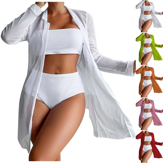 Jacenvly Cover up 3 Piece Bikini Sets for Women Cozy Long Sleeve Swimsuit Solid with Cover up Surfing Swimwear Quick Drying Women'S Printed Bikini Straps Split Set Three Piece Set Orange