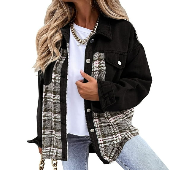 Jacenvly Denim Jackets for Women Plaid Denim Jacket Comfort Warmth Long Sleeve Overcoat Lapels Pocket Button up Winter Coats Loose Cozy Thigh Length Tops