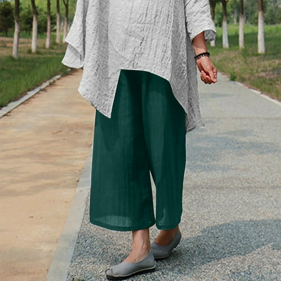 Jacenvly Elastic Waist Capri Pants for Women Pockets Sales Ladies Ladies' Solid Color Elastic Waist Cotton and Linen Big Casual Pants