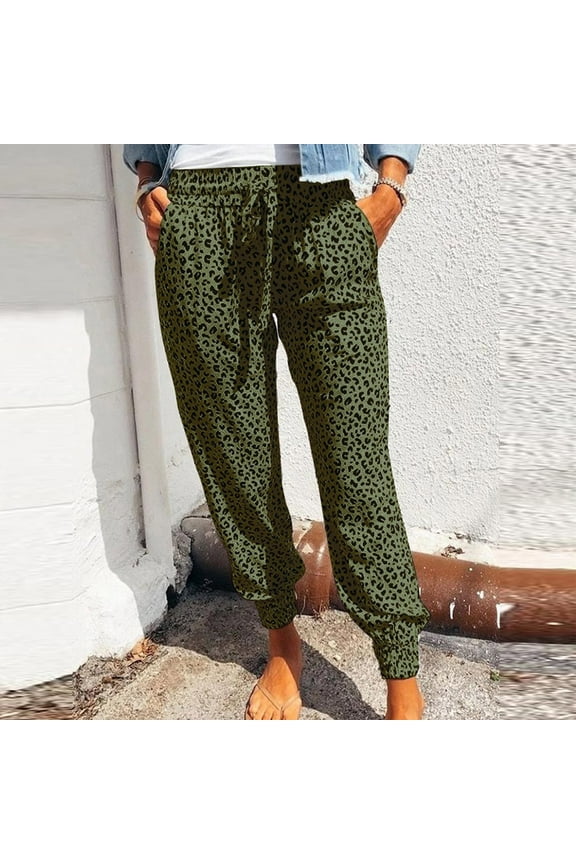 Elastic Waist Pants for Women with Pockets Misses Casual Trousers Summer Leopard Print Pants Bottoms Athletic Pants