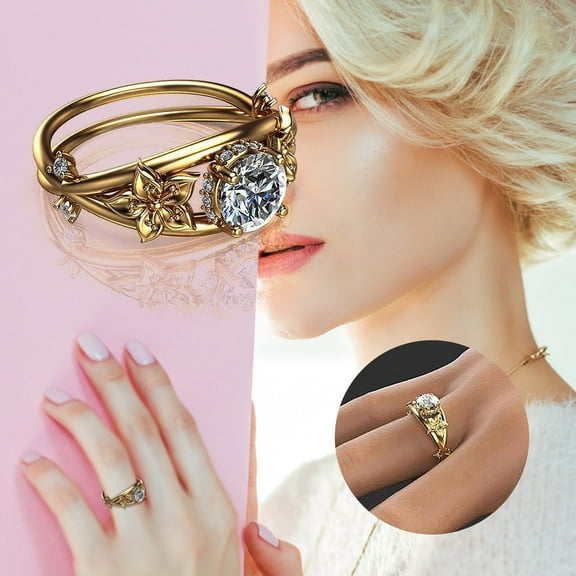 Jacenvly Engagement Rings For Women Ladies Fashion Vintage Flower Engraved Diamond Jewelry Jewel Art Gold