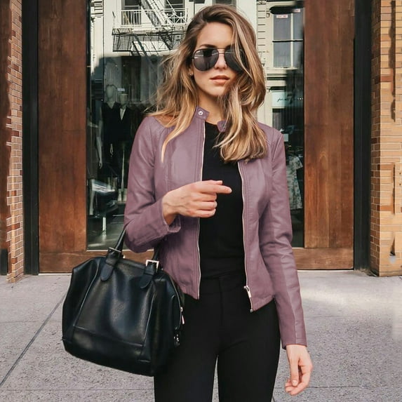 Jacenvly Suit Coat for Women Turndown Collar Long Sleeve Short Blazers for Women Zipper Solid Leather Jacket Coat Soft Skin-Friendly Casual Fashion Slimming Blouse