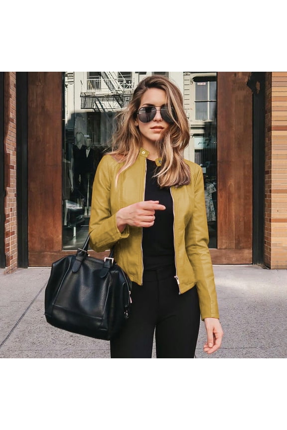 Fall Blazers for Women Turndown Collar Long Sleeve Short Leather Jacket Zipper Solid Cardigan Coat Soft Skin-Friendly Casual Fashion Slimming Top