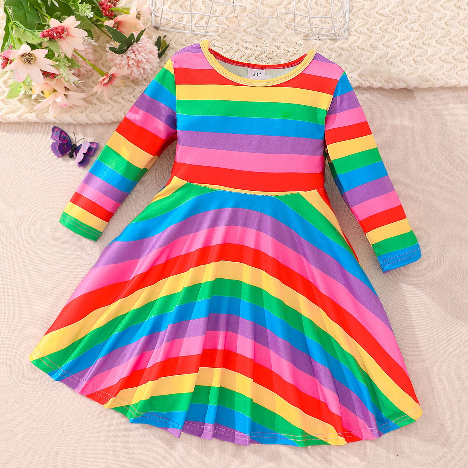 Jacenvly Festival Children's Flutters Sleeve Rainbows Spin Dress Girls