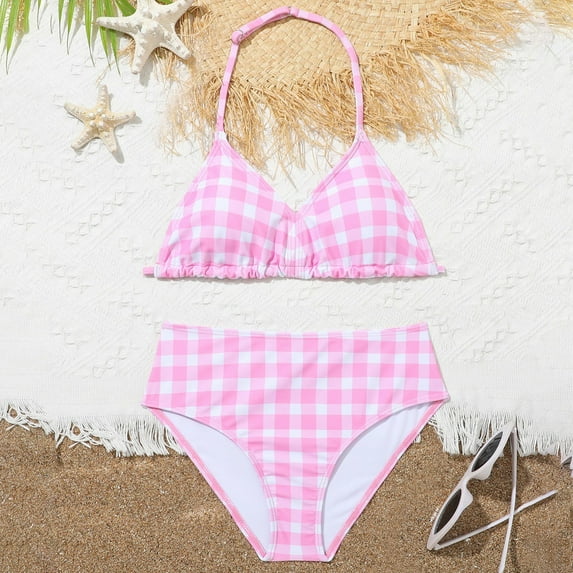 Jacenvly Girls Two Piece Swimsuit Soft Satiny 8-12 Years Pinks and White Checkered Striped Swimsuit Summer Beachwear Bikini Set 11Y Pink