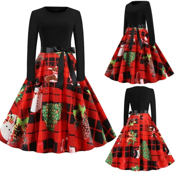 Jacenvly Holiday Dresses for Women Christmas Long Sleeve Christmas Printed Cocktail Dresses Crewneck Mid-Length Skirts Fashion New Style Christmas Women'S Vintage Gown Red
