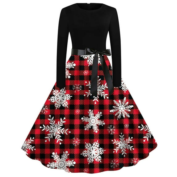Jacenvly Holiday Dresses for Women Christmas Long Sleeve Christmas Snowflake Cocktail Dresses Round Neck Knee Length Skirts Casual Cute Women'S Large Dress Red