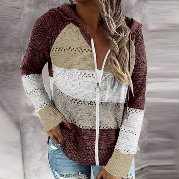 Jacenvly Hoodies for Women Contrast-Color Long Sleeve Drawstring Hood Sweatshirts Zip-Up Outdoor Sports Knitting Coat Comfortable Warm Fall Winter Sweater Loose Casual Blouse