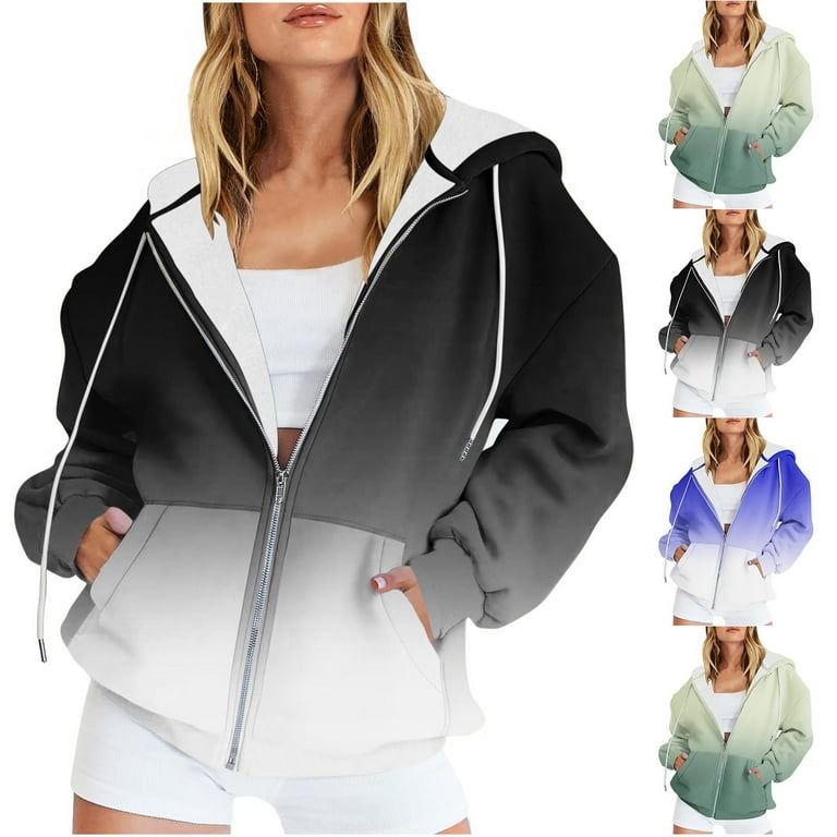 Zip up contrast deals color drawstring hoodie